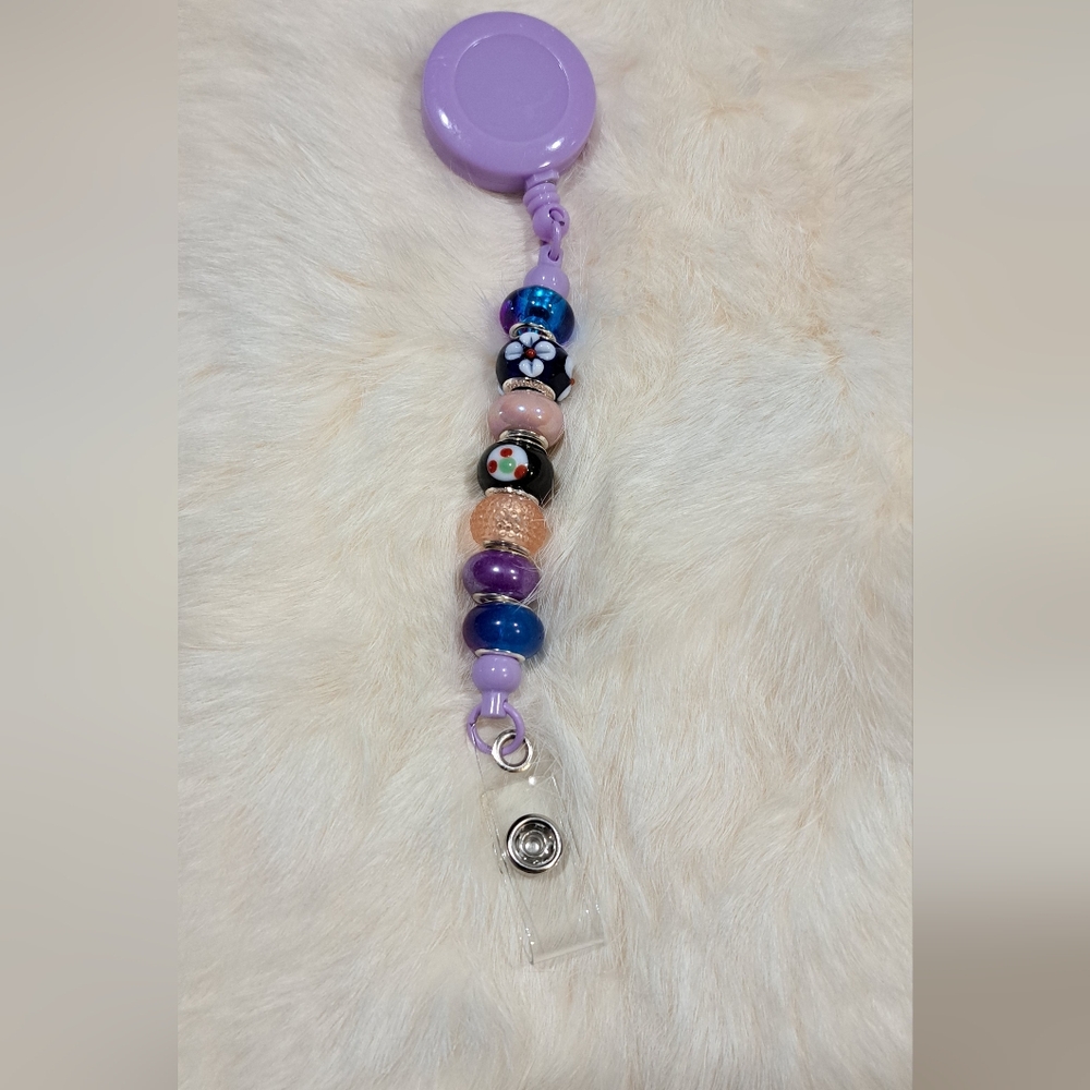 Floral Fantasy Beaded Badge Reel – Lavender, Peach & Bloomy Blues